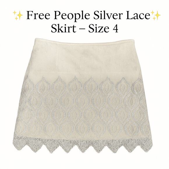 Free People Silver Lace Mini Skirt Women’s Size 4 Scalloped Hem Metallic Overlay - Picture 1 of 9